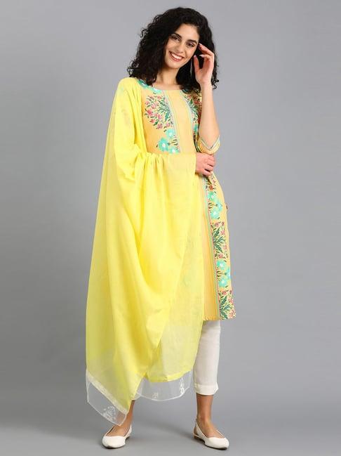 w yellow floral print straight kurti