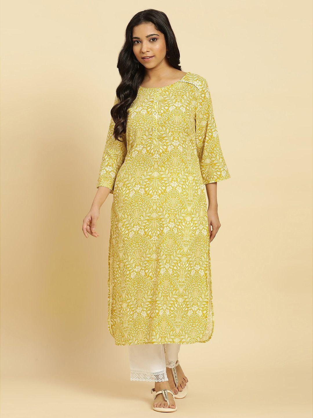 w yellow floral printed keyhole neck gotta patti cotton a-line kurta