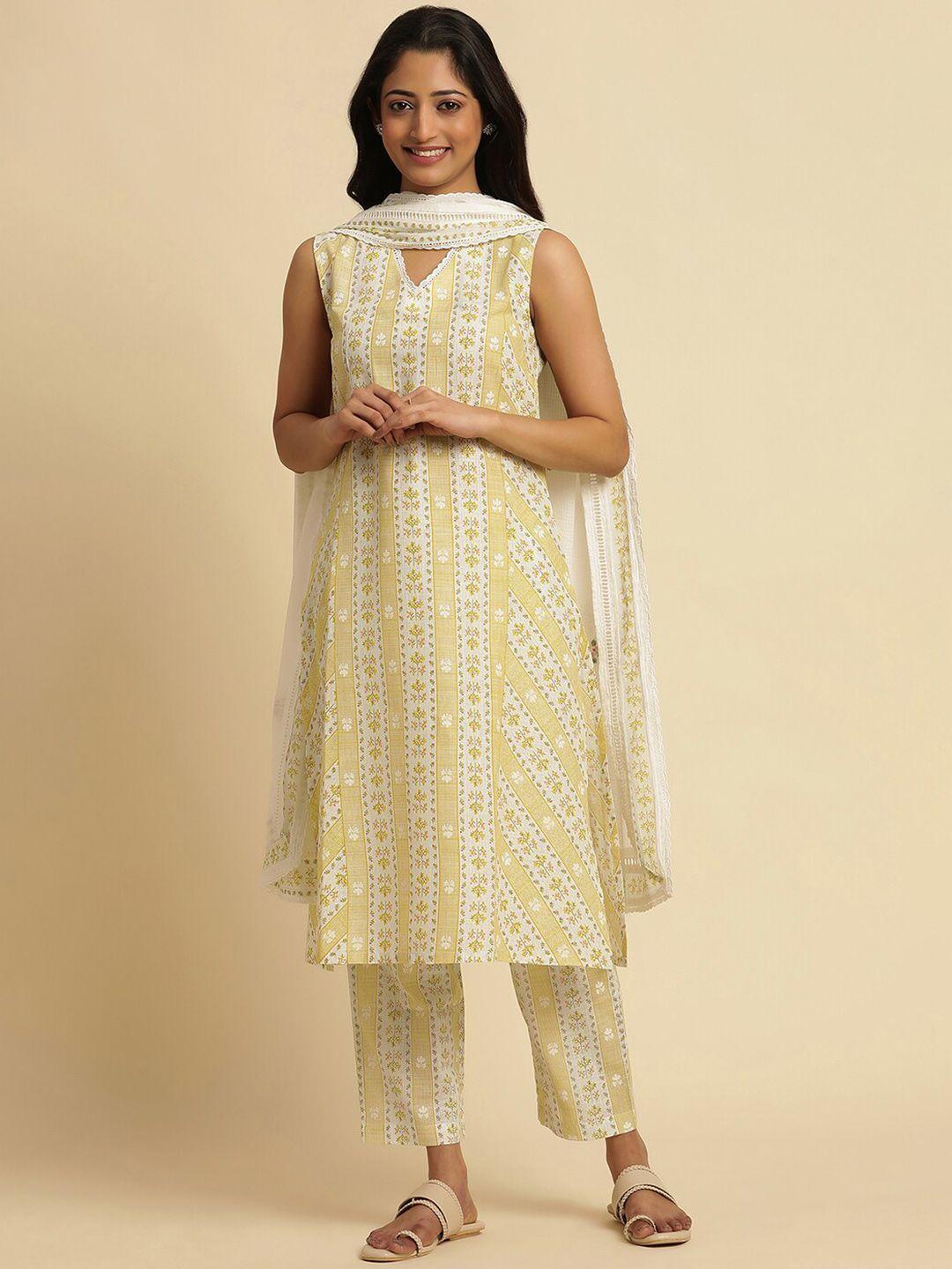 w yellow floral printed pure cotton straight kurta with trousers & dupatta