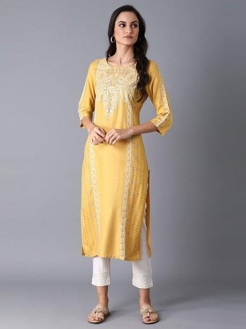 w yellow printed straight kurta