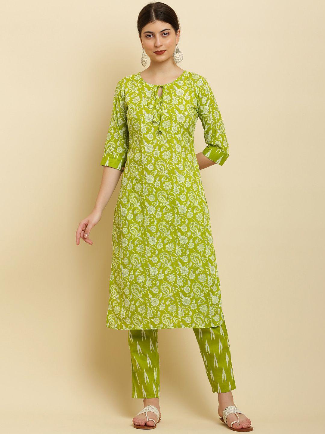 waahiba women green floral printed regular pure cotton kurta with trousers