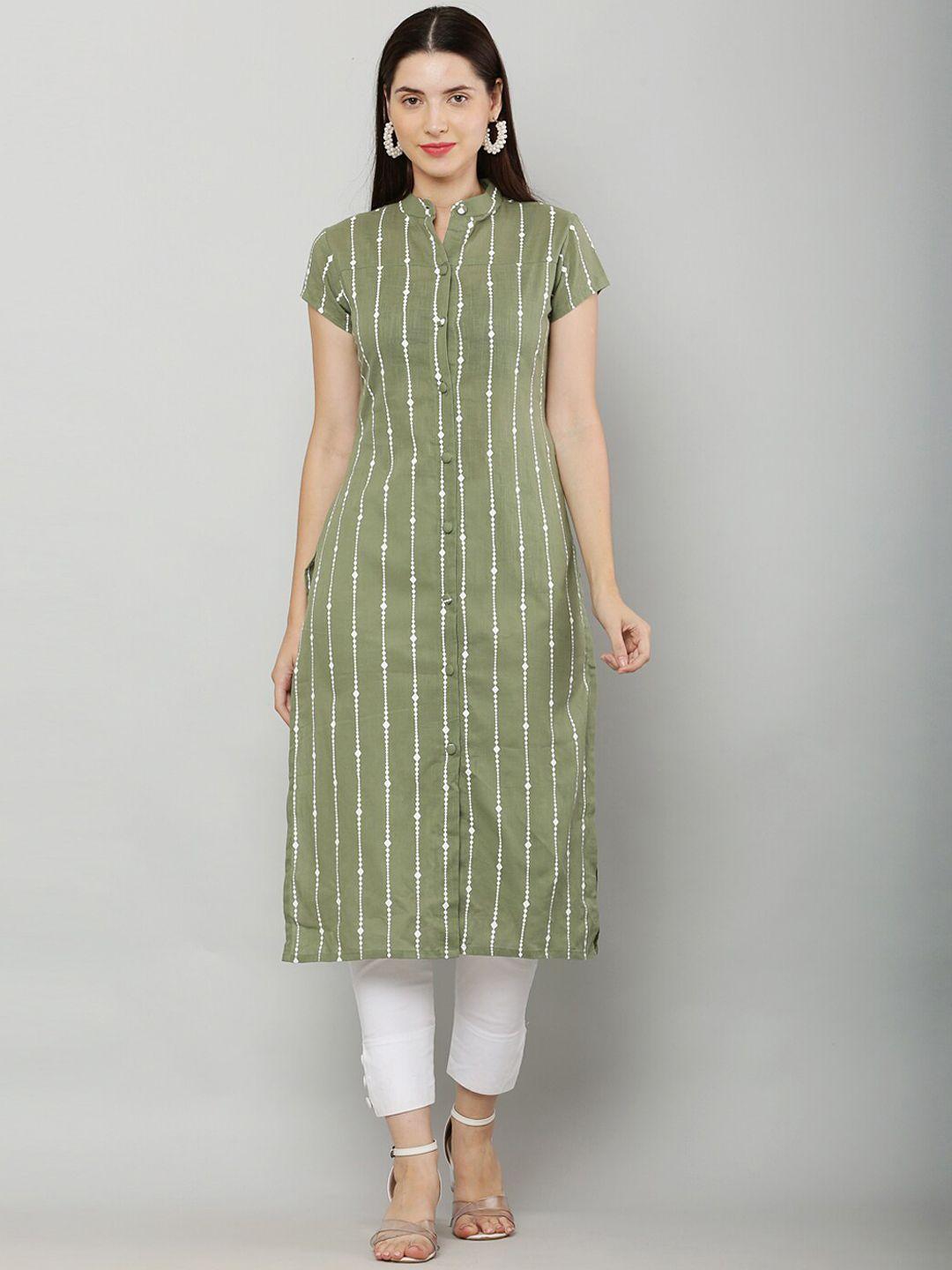 waahiba women olive green & white striped straight kurta