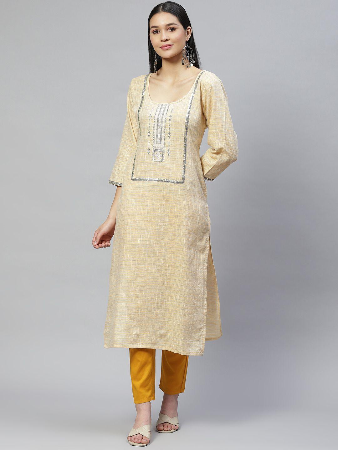 wabii women beige cotton ethnic motifs yoke design kurta