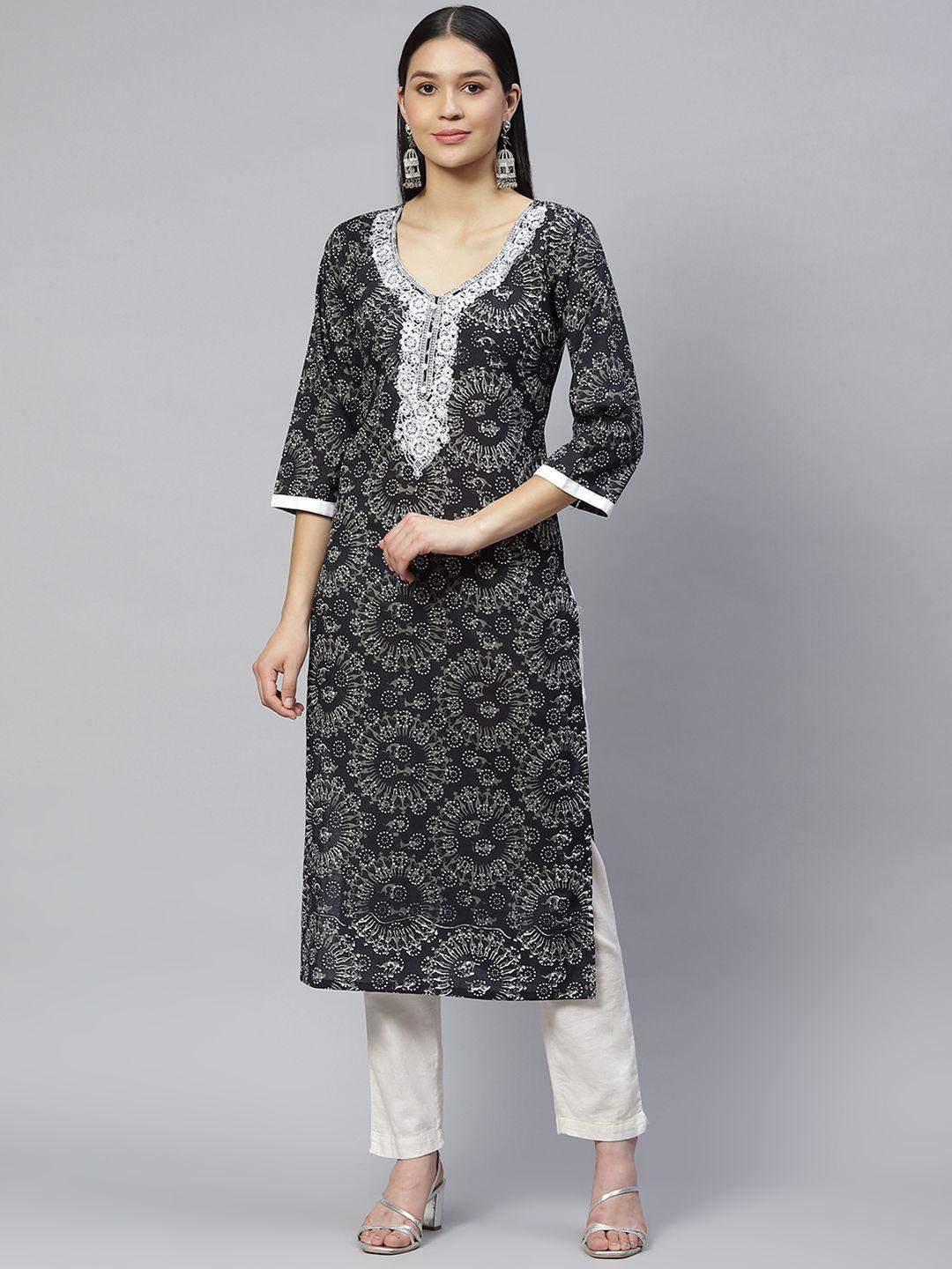 wabii women black & white cotton ethnic motifs print kurta