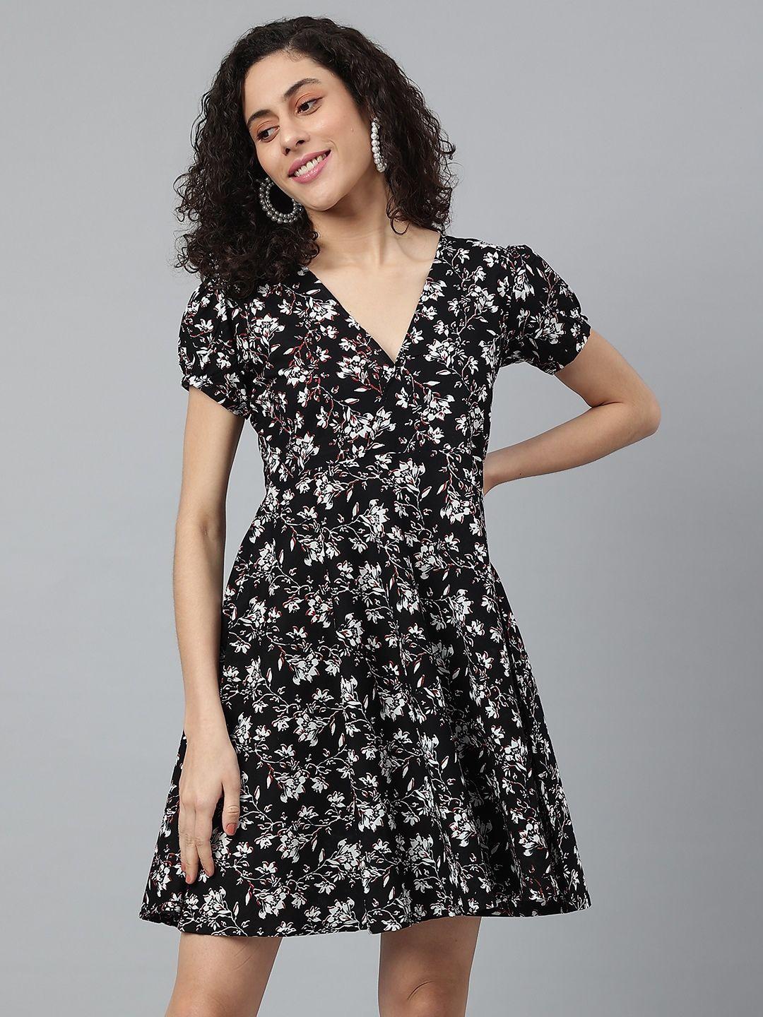 wabii women black & white floral printed pure cotton a-line dress