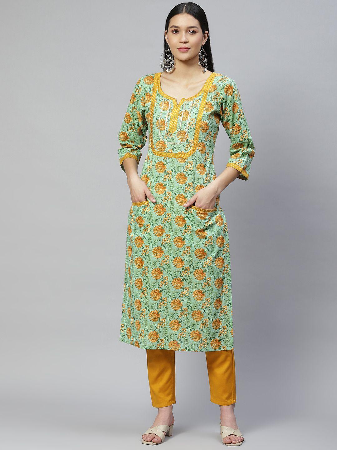 wabii women green & mustard yellow cotton floral print kurta