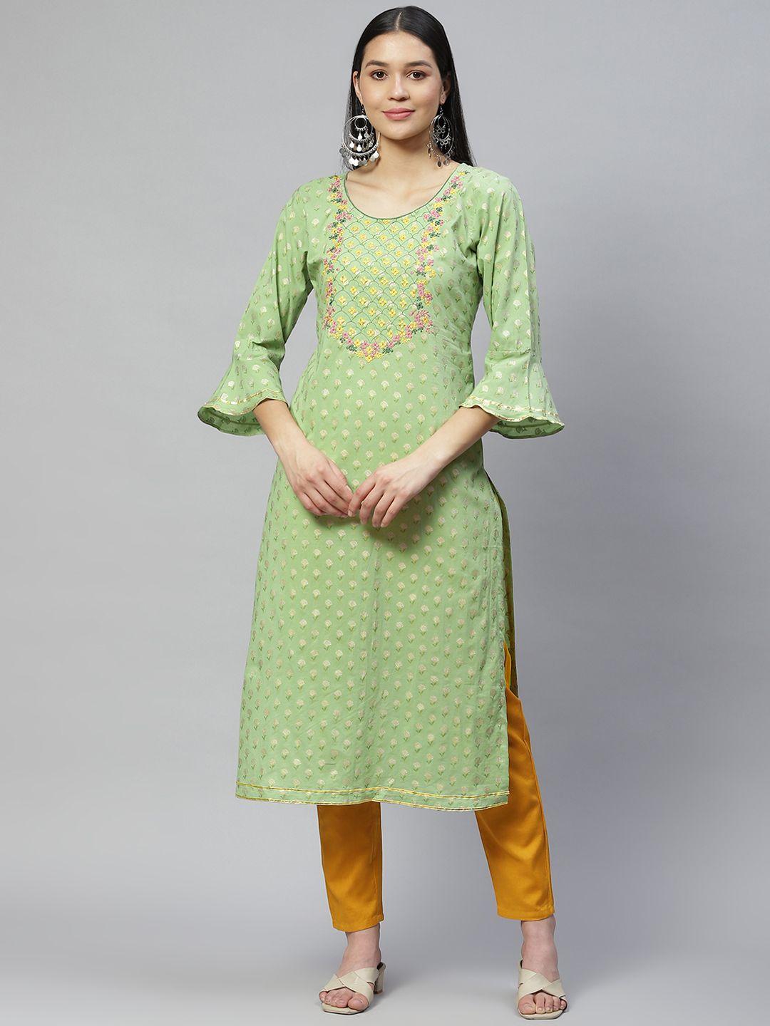 wabii women green floral embroidered bell sleeves gotta patti kurta