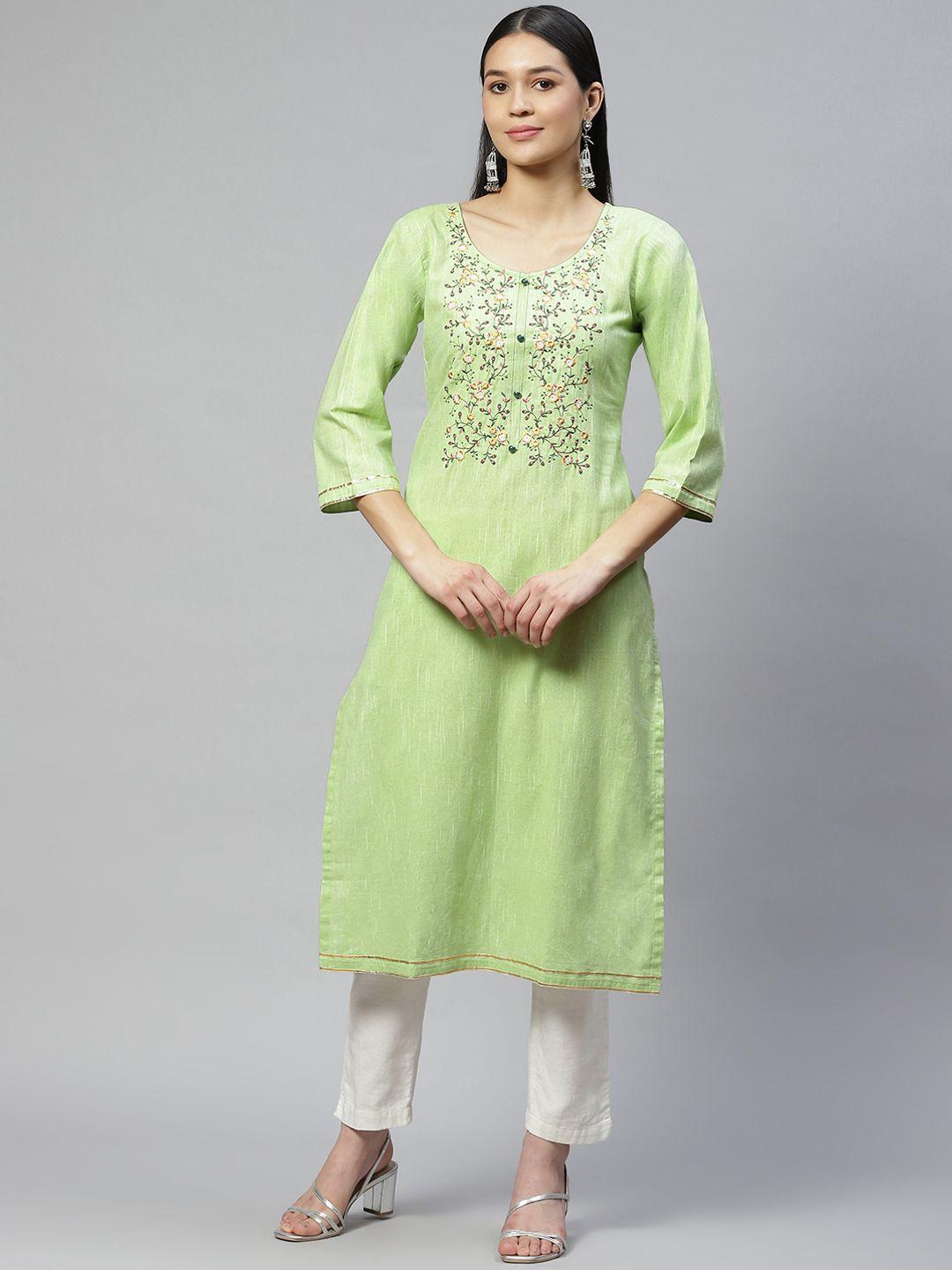 wabii women green floral embroidered gotta patti floral kurta