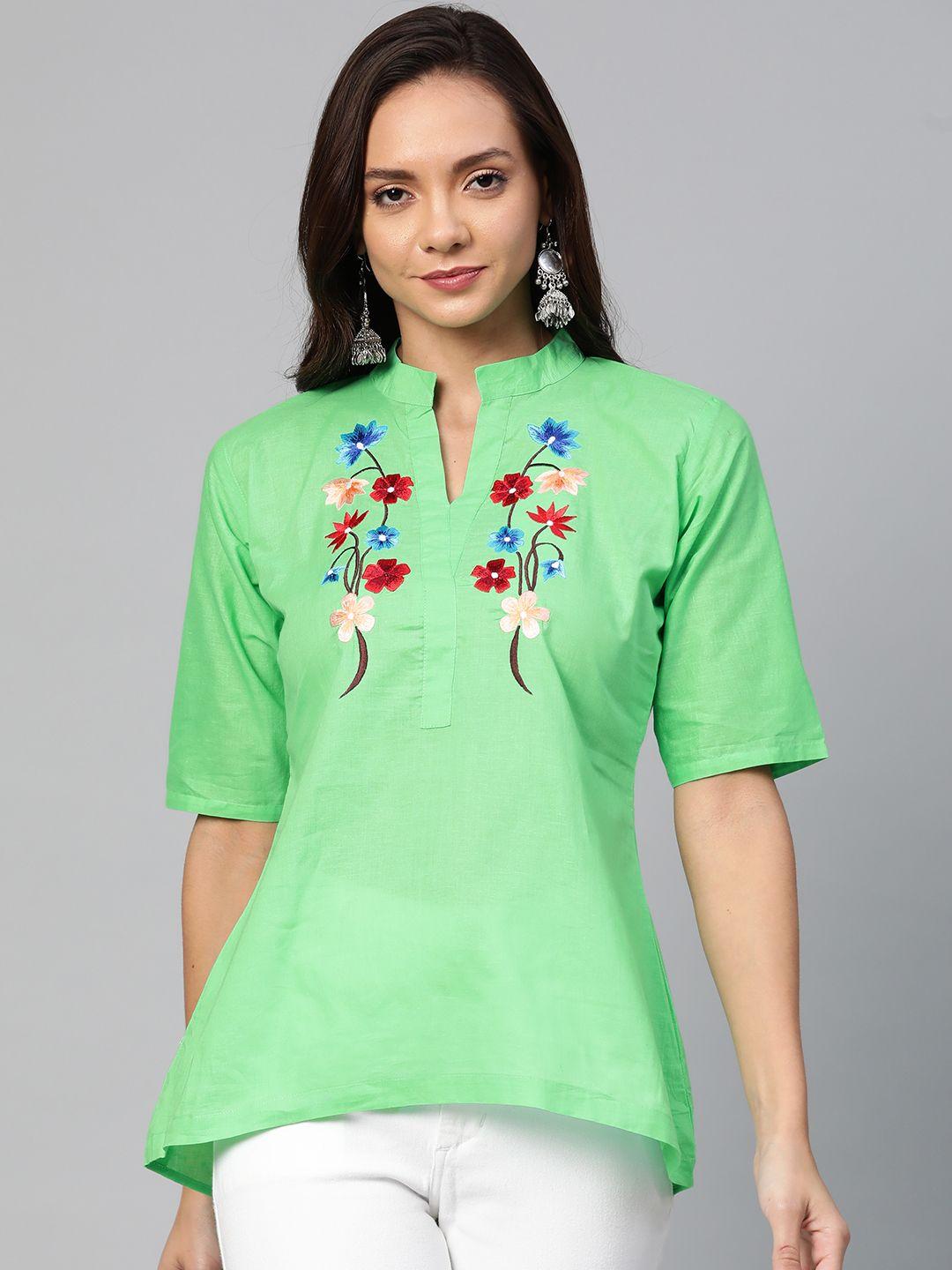 wabii women green semi sheer embroidered detail top