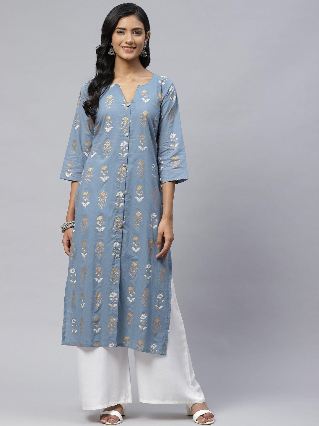 wabii women grey & golden ethnic motifs printed kurta