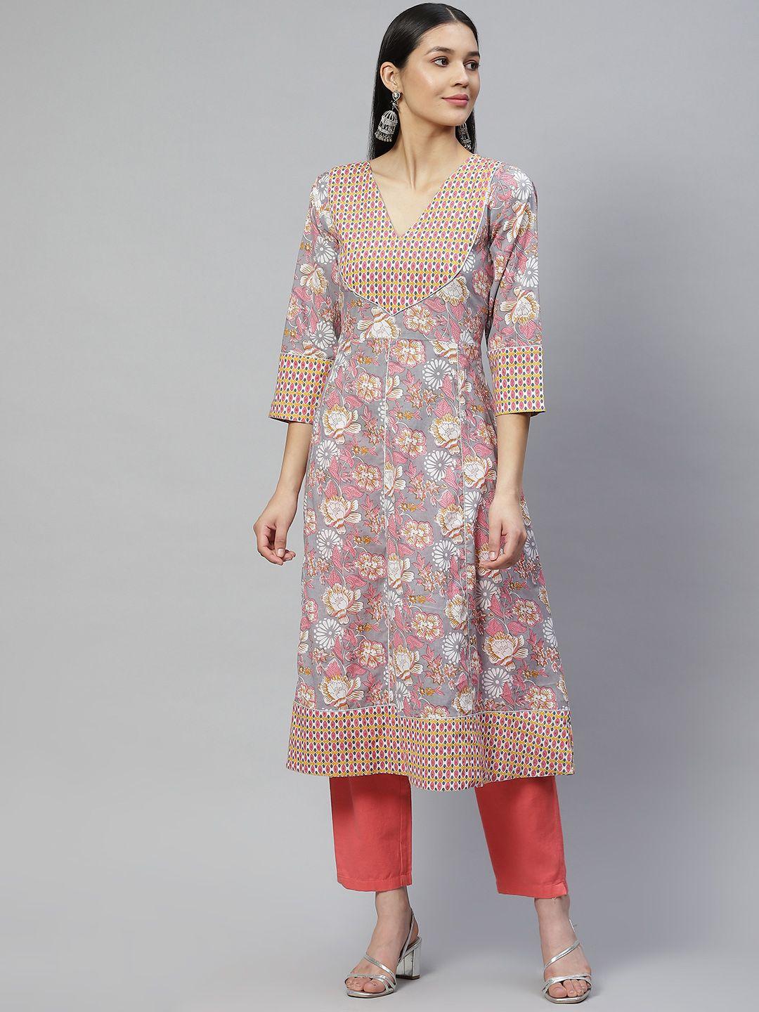 wabii women grey & pink floral printed pure cotton kurta