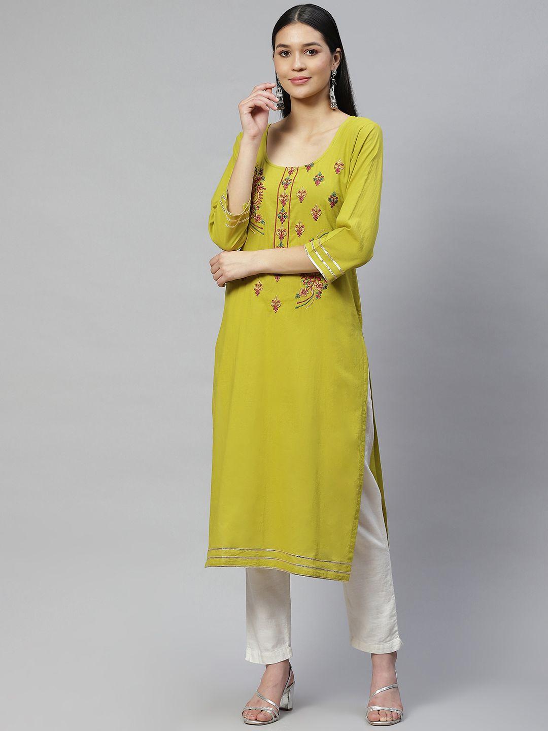 wabii women lime green cotton yoke design kurta