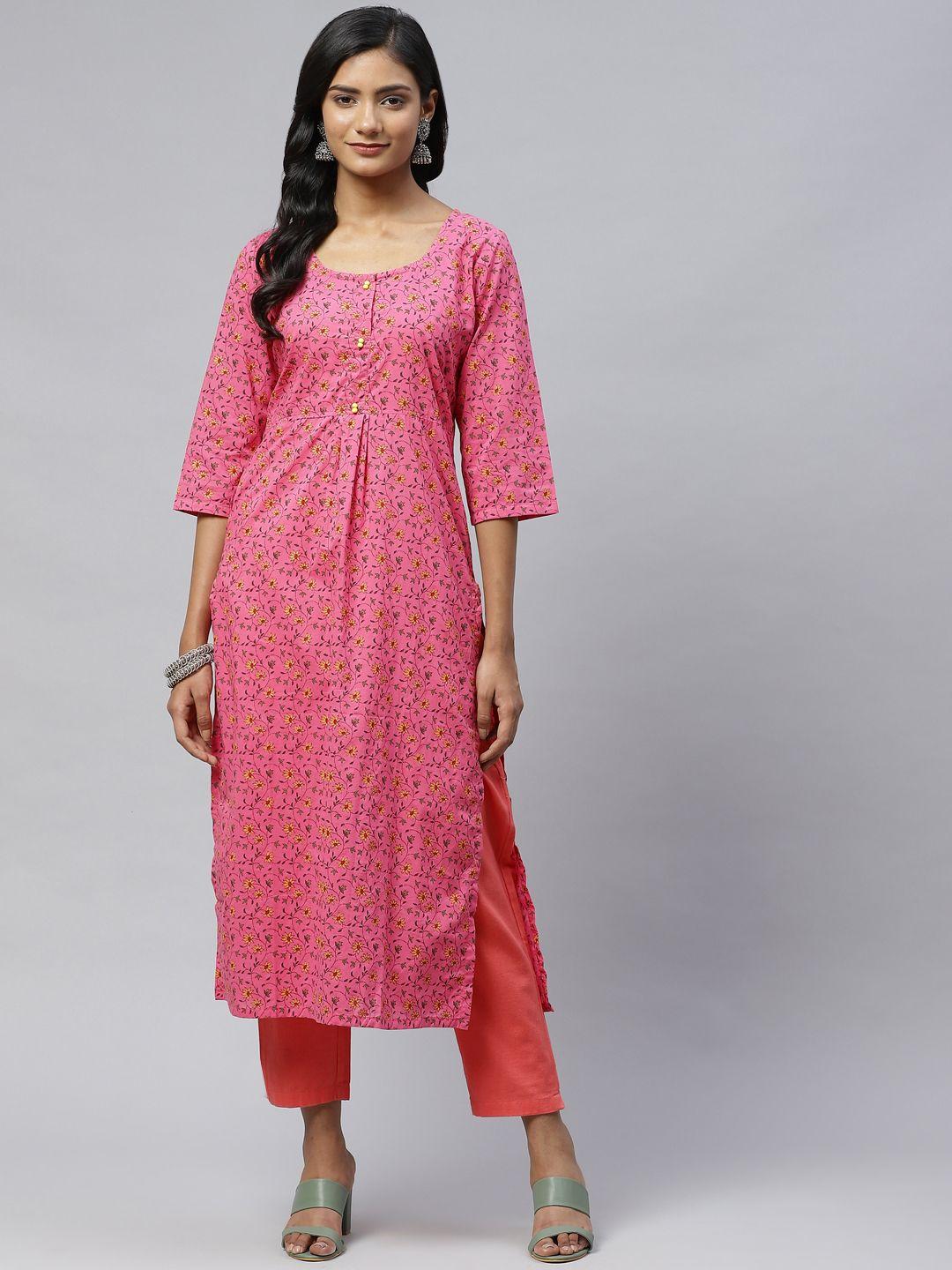 wabii women pink & mustard yellow ethnic motifs printed kurta