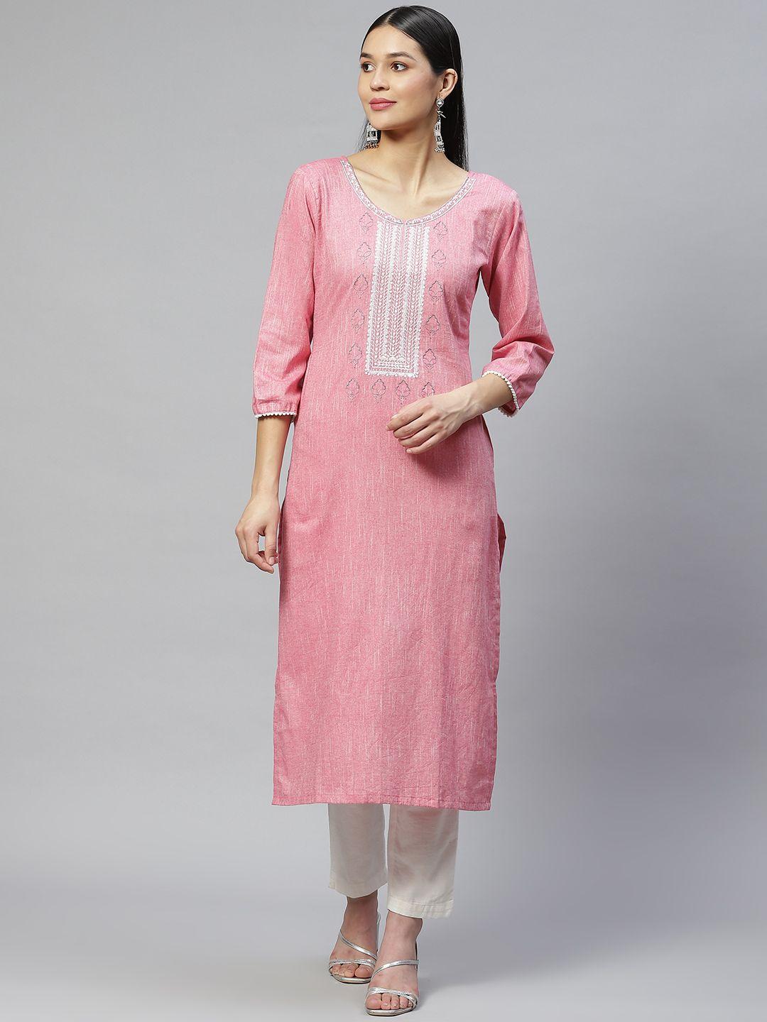 wabii women pink ethnic motifs yoke embroidered pure cotton kurta