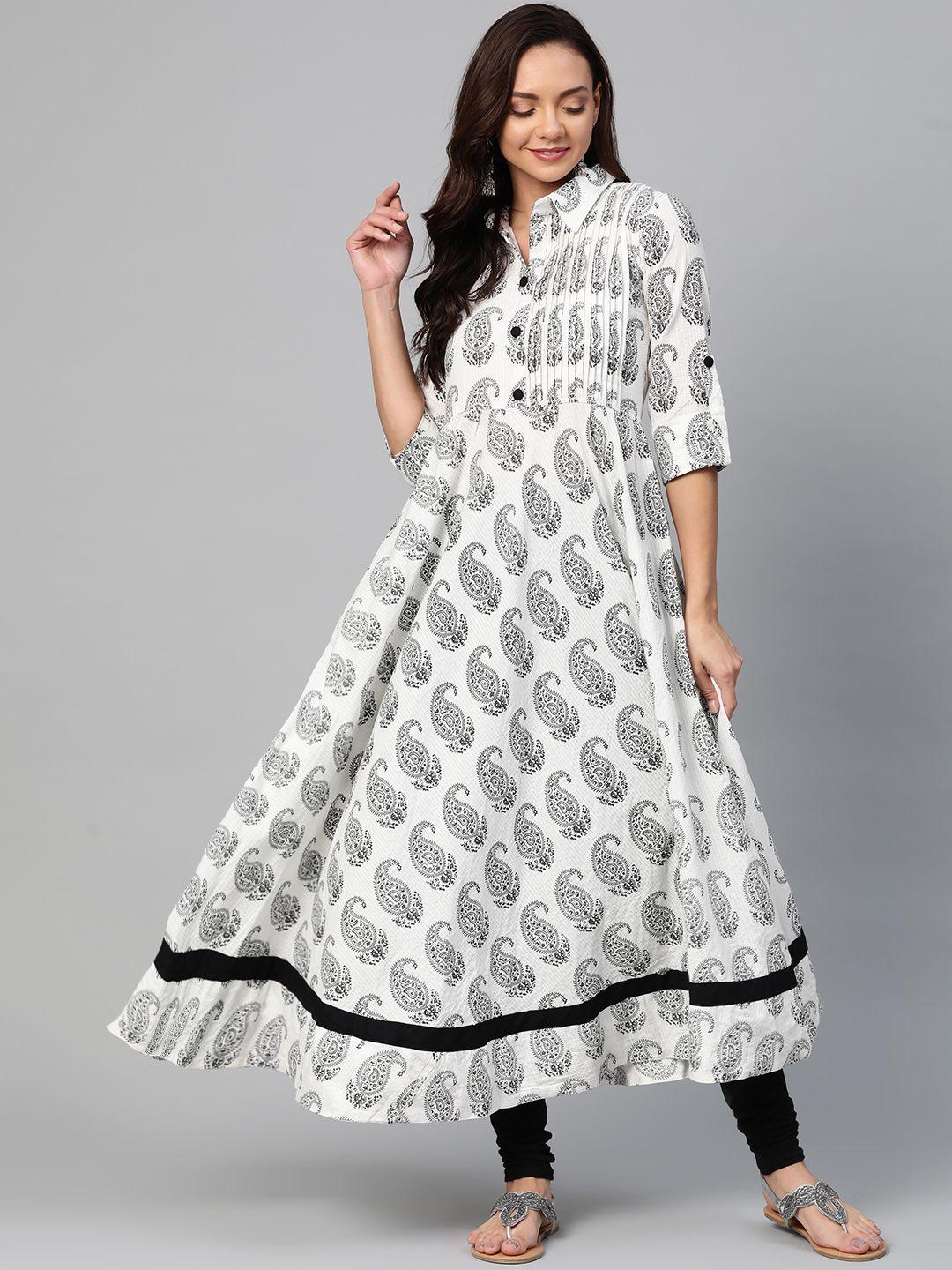 wabii women white & black printed anarkali kurta