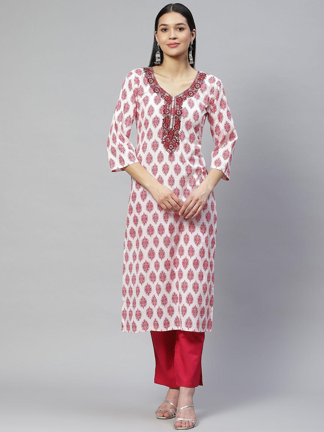wabii women white & red ethnic motifs butta printed pure cotton kurta