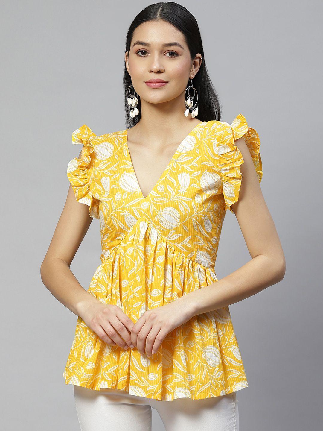 wabii yellow & white floral printed peplum top