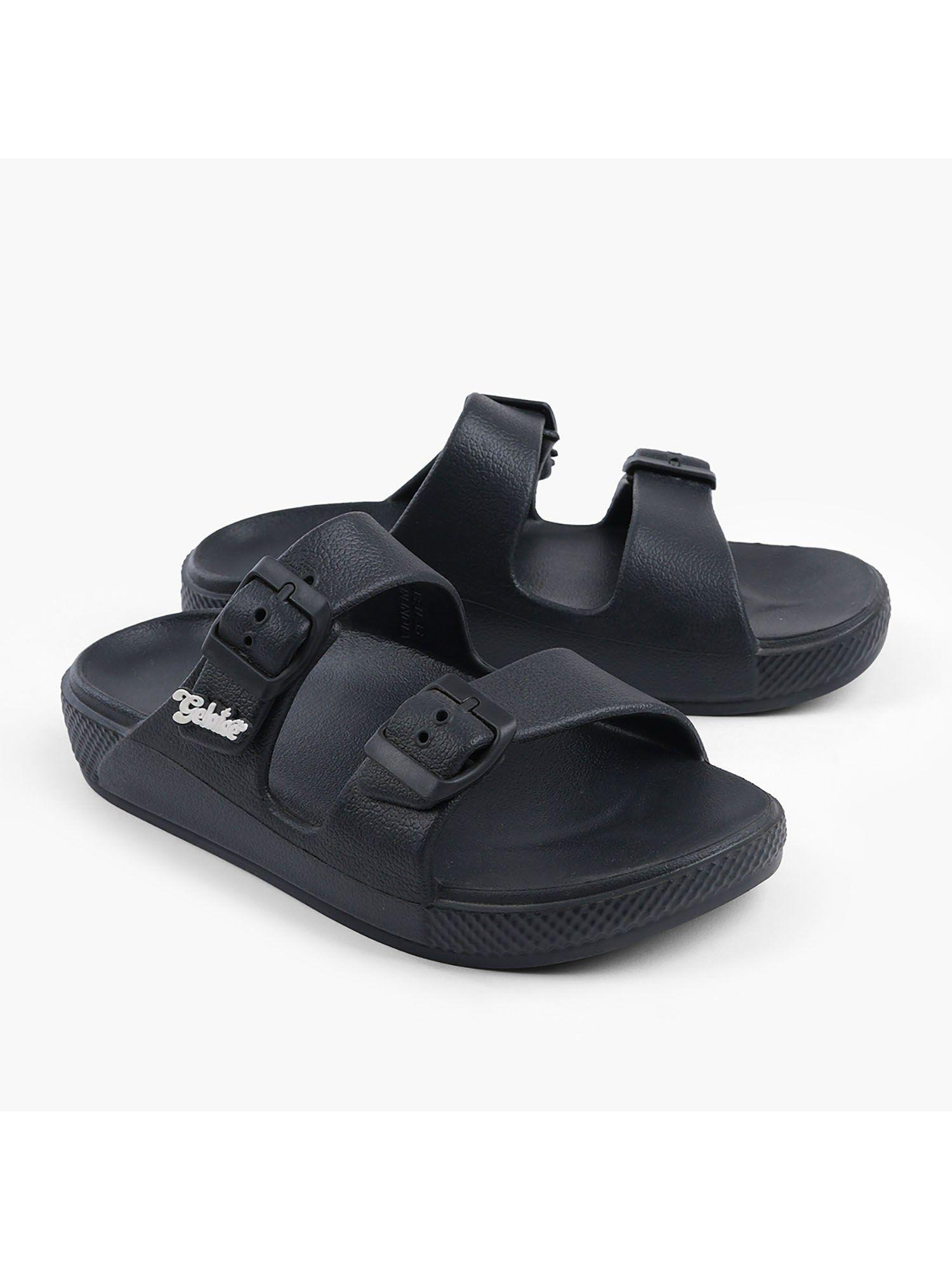 wafer solid black women slide sandals