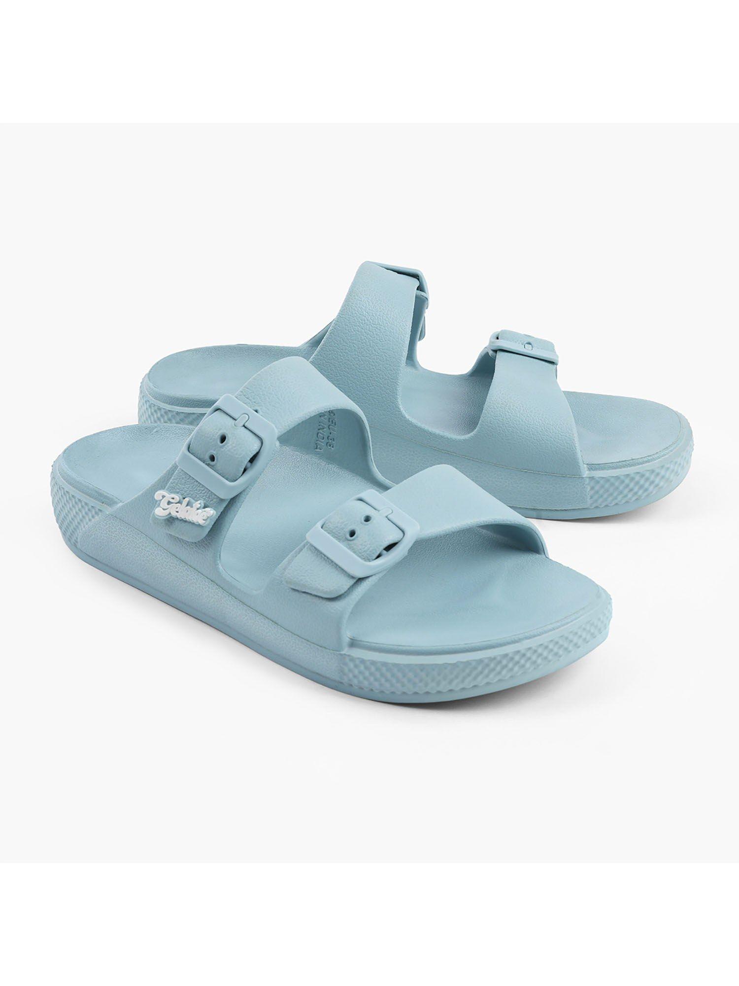 wafer solid icey blue women slide sandals