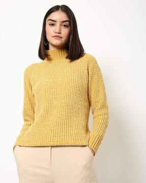 waffle knit high-neck pullover