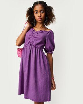 waffle-knit ruched a-line dress