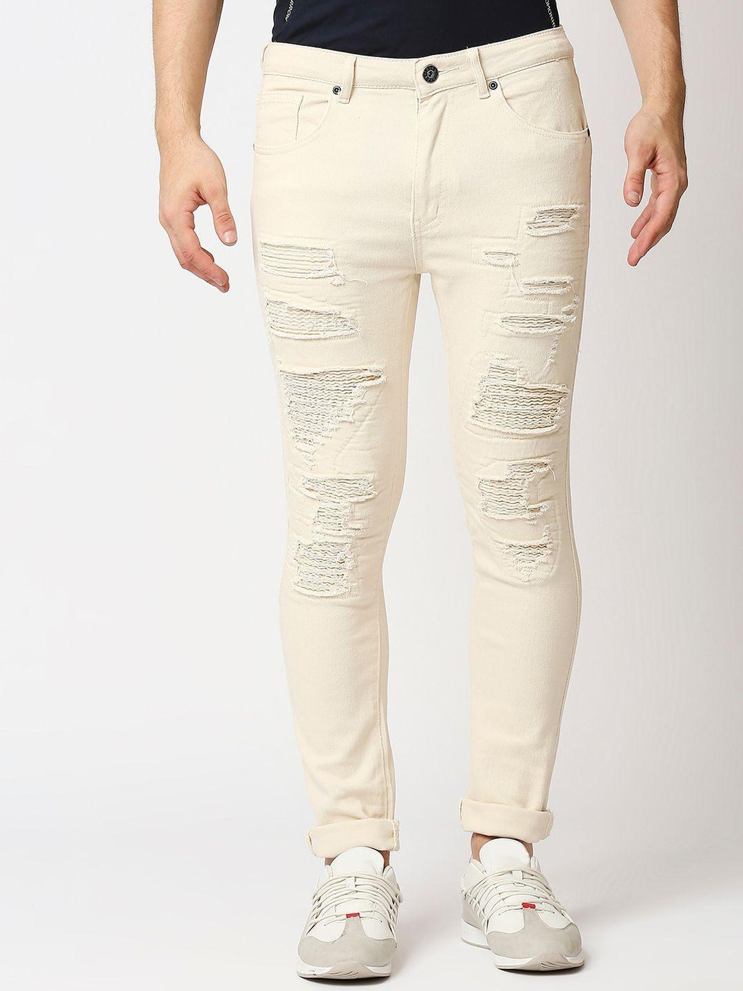 waimea men cream-coloured skinny fit highly distressed stretchable jeans