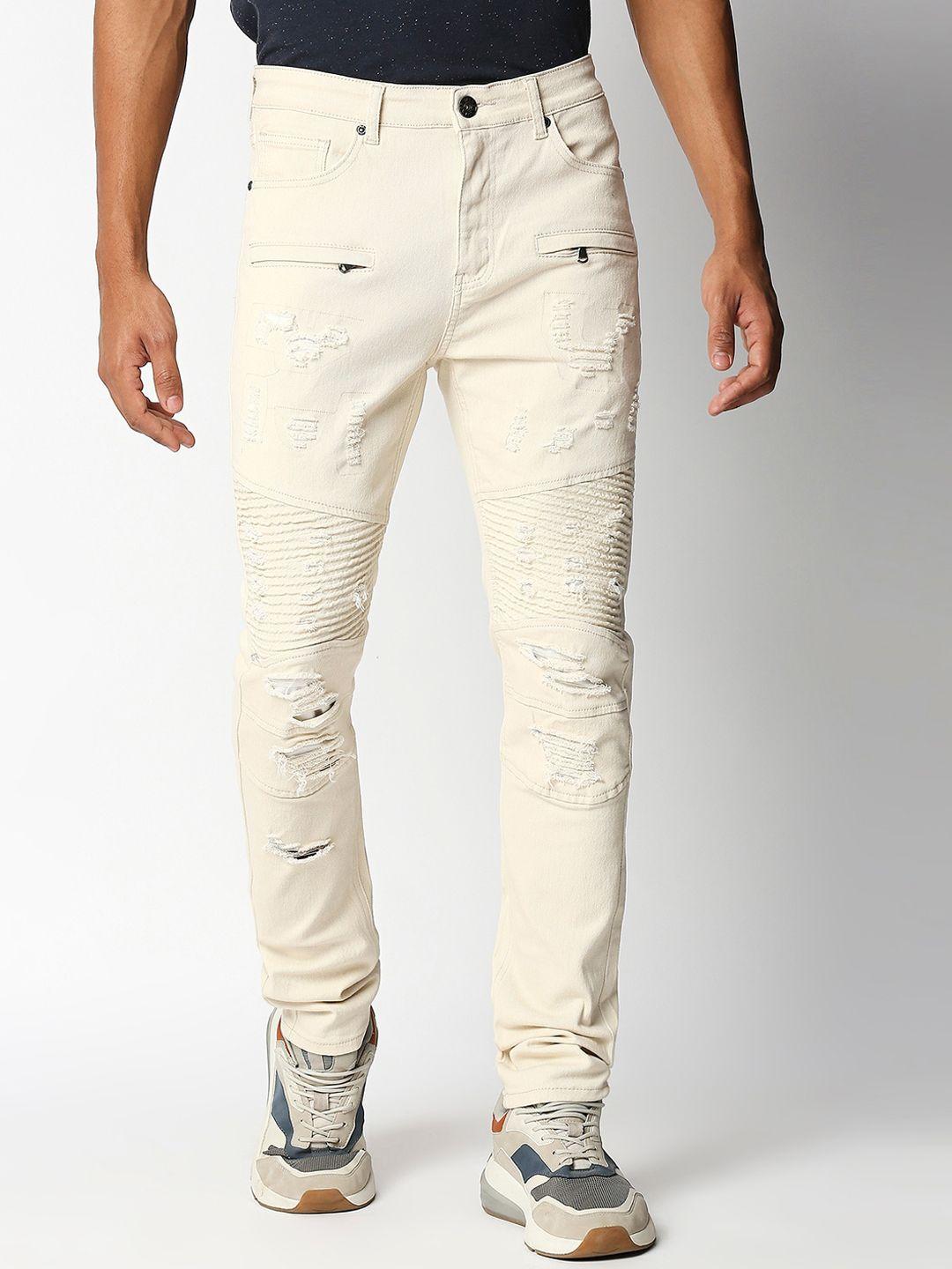 waimea men cream-coloured skinny fit highly distressed stretchable jeans