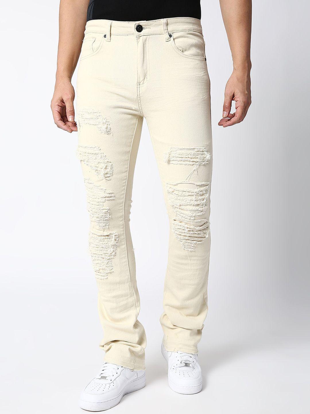 waimea men cream-coloured skinny fit highly distressed stretchable jeans