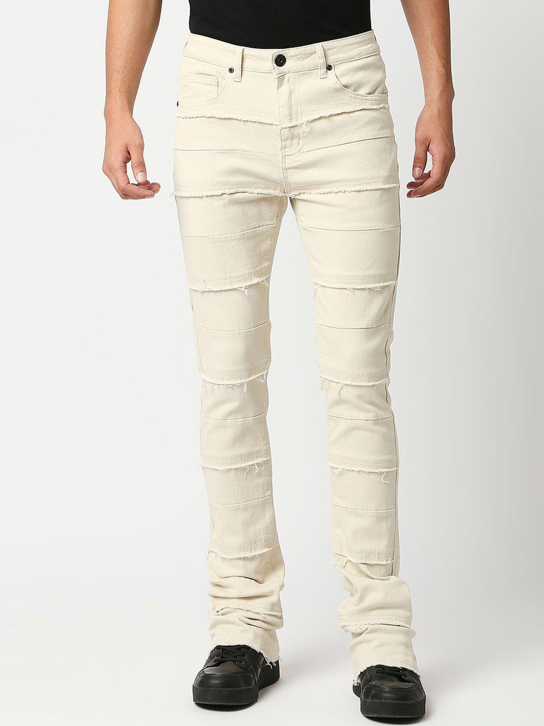 waimea men cream-coloured skinny fit mildly distressed stretchable jeans