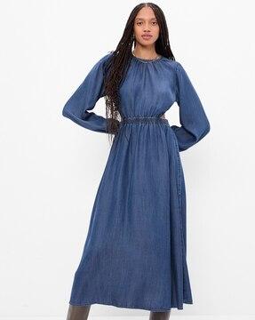 waist cut-out a-line dress with puff sleeves