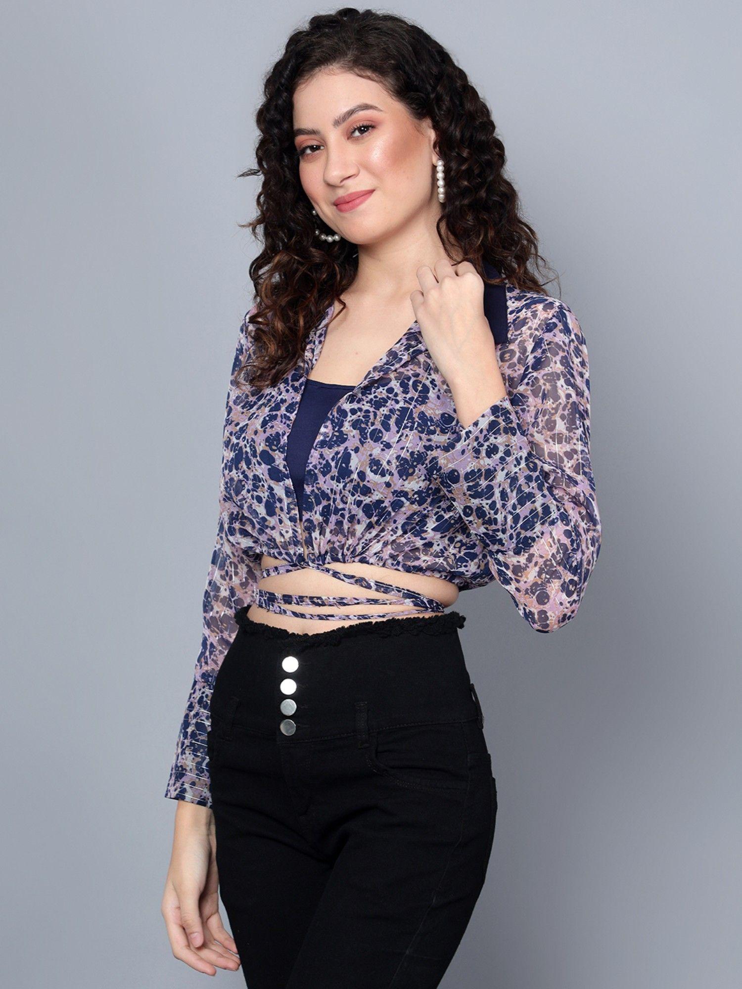 waist tie-up purple lurix crop shirt with cami (set of 2)