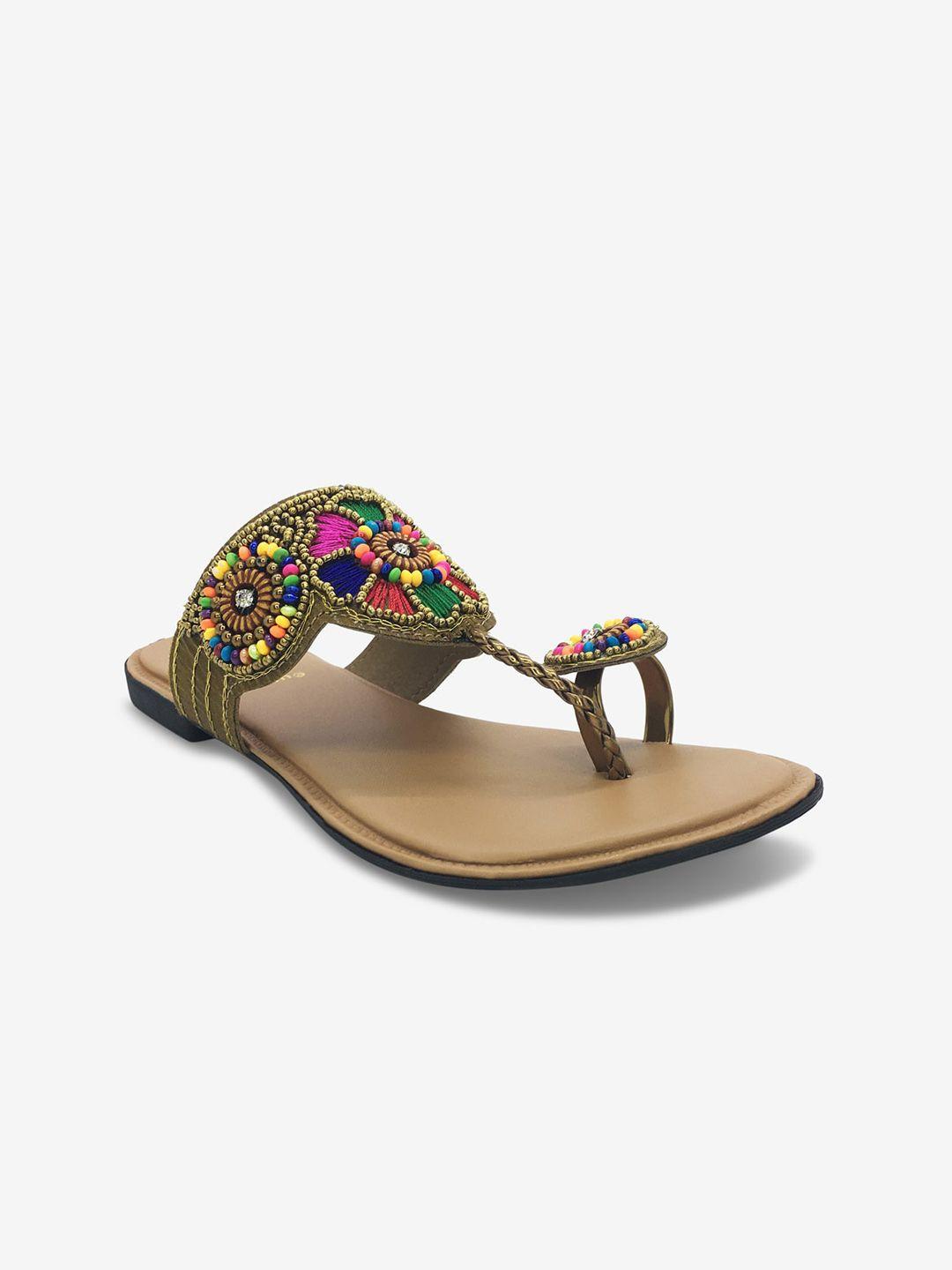 walk n style collection women khaki ethnic embellished one toe flats
