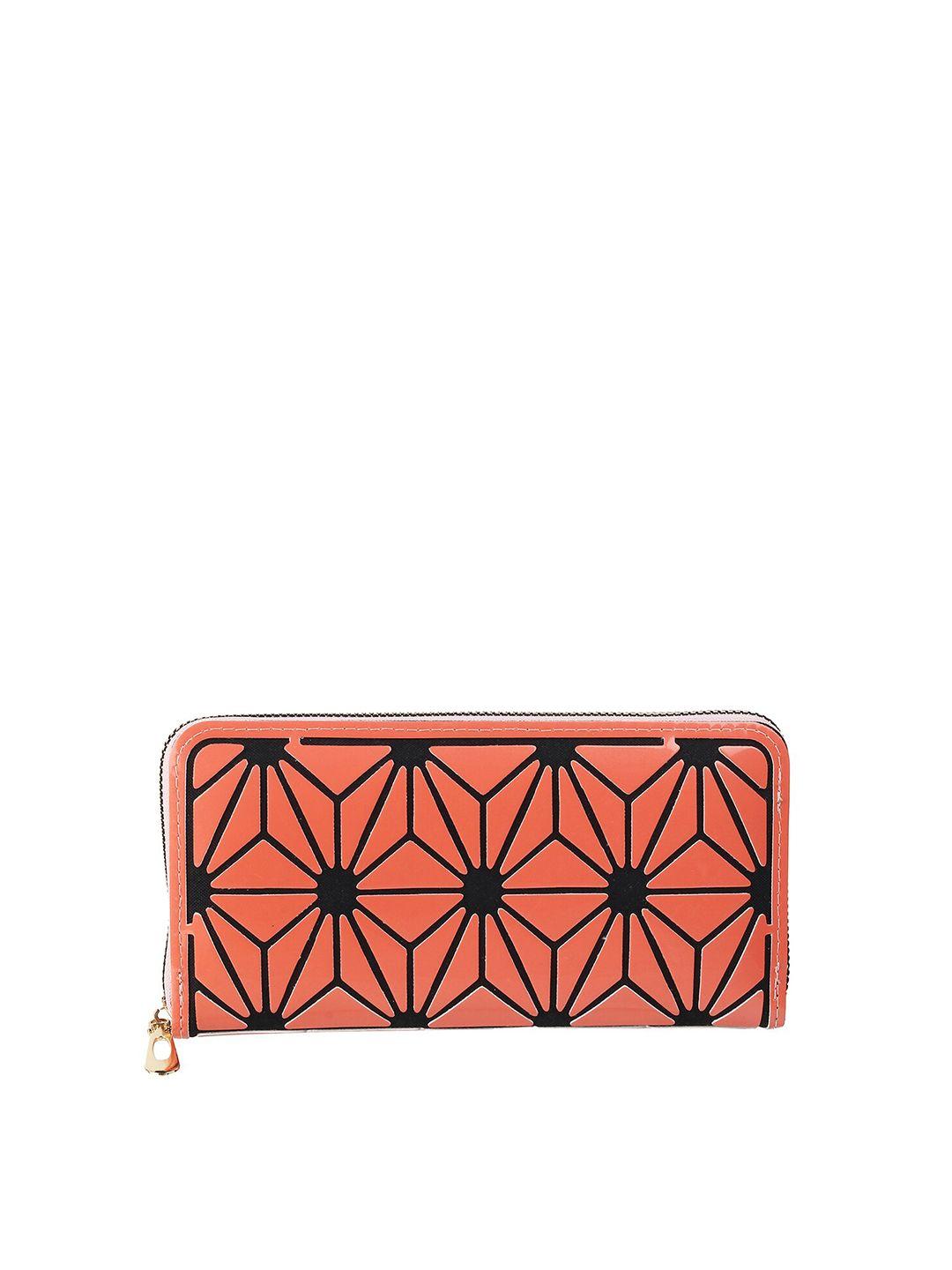 walkway by metro women peach-coloured & black geometric textured zip around wallet