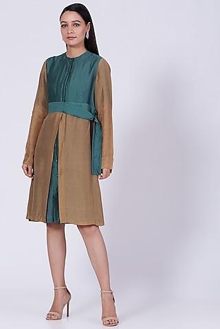 walnut beige & ocean blue silk dress