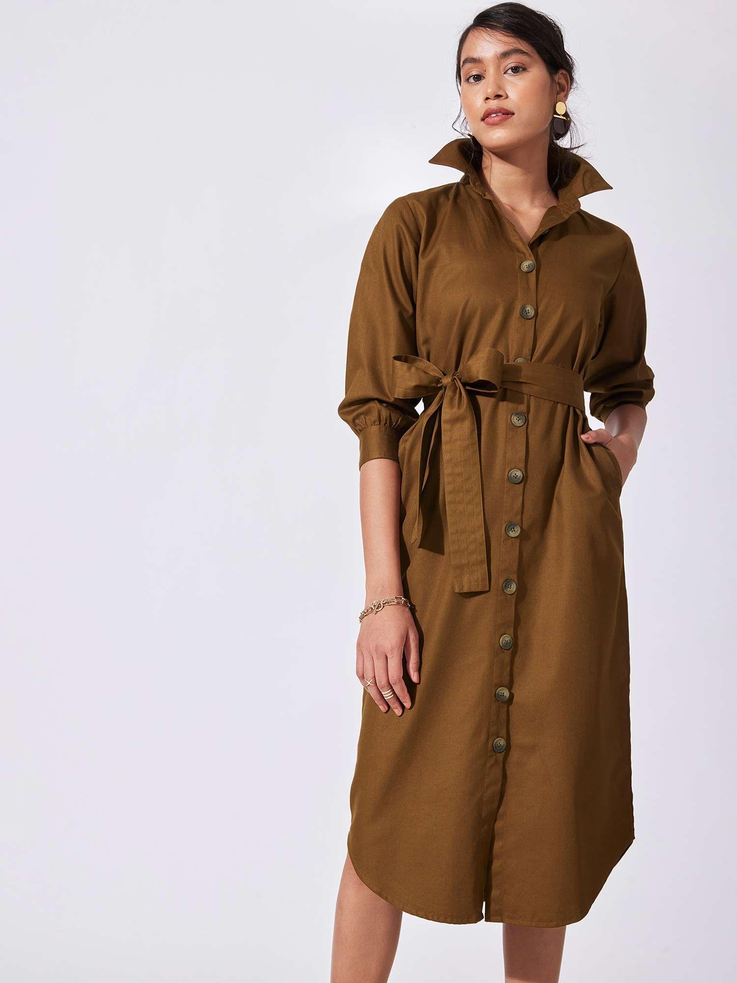 walnut self tie shirt dress with belt