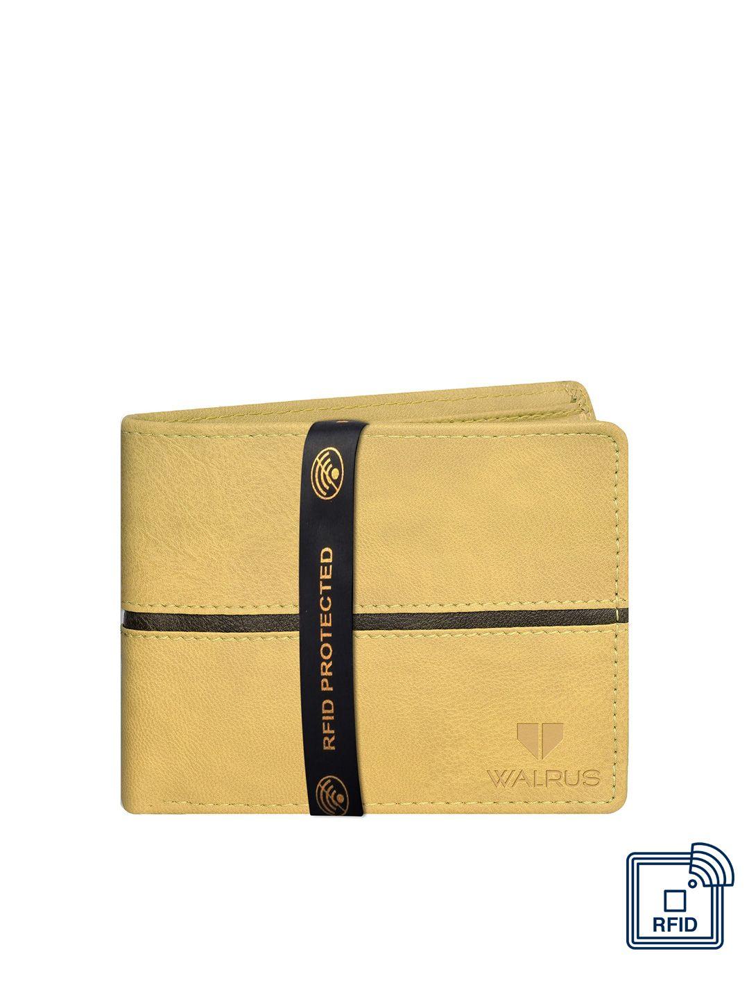 walrus men beige & black two fold wallet with rfid protection