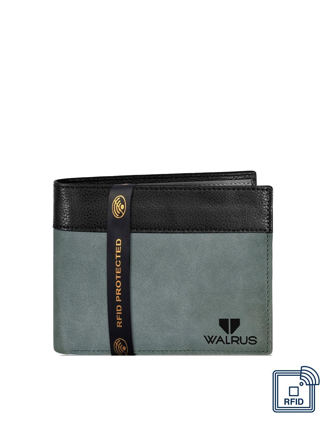 walrus men grey & black two fold wallet with rfid protection