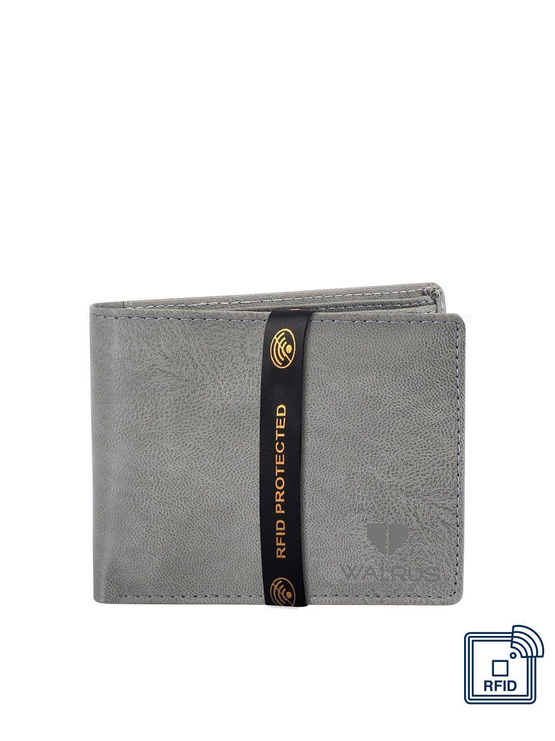 walrus men grey solid leather two fold wallet with rfid protection