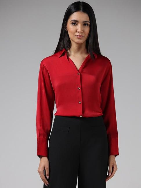 wardrobe by westside solid red satin shirt