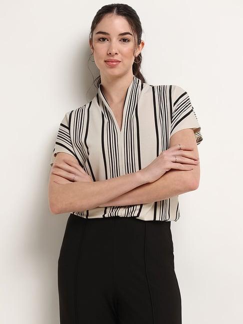 wardrobe by westside beige v-neck striped top