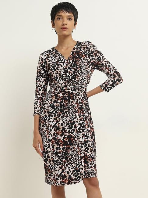 wardrobe by westside black leopard printed wrap-style dress