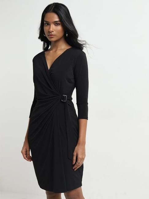 wardrobe by westside black ruched-detailed wrap dress