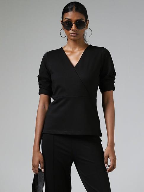 wardrobe by westside black solid v-neck top