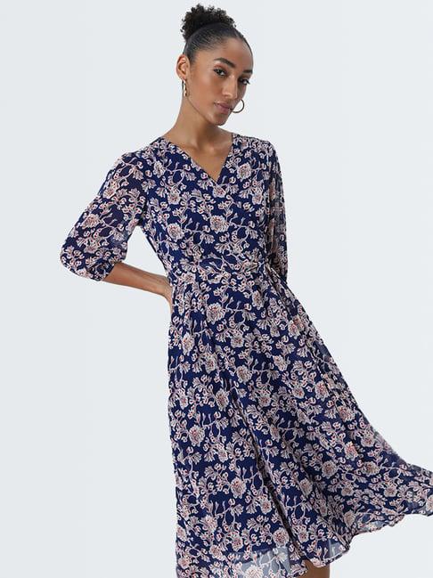 wardrobe by westside blue floral printed wrap dress with belt