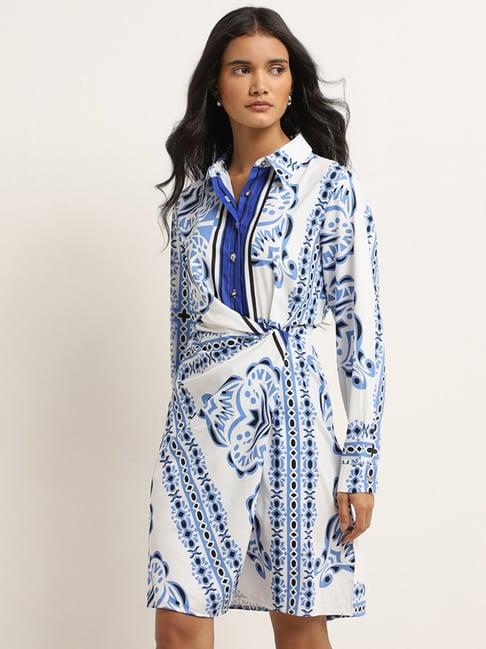 wardrobe by westside blue printed shirt dress