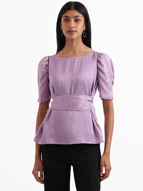 wardrobe by westside checked orchid puffed sleeve top