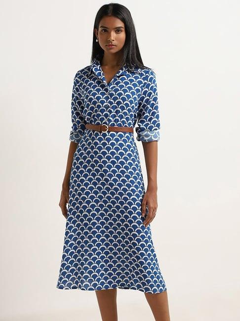 wardrobe by westside indigo geometric a-line dress with brown belt