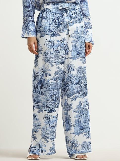 wardrobe by westside ivory & blue foliage print high-rise trousers