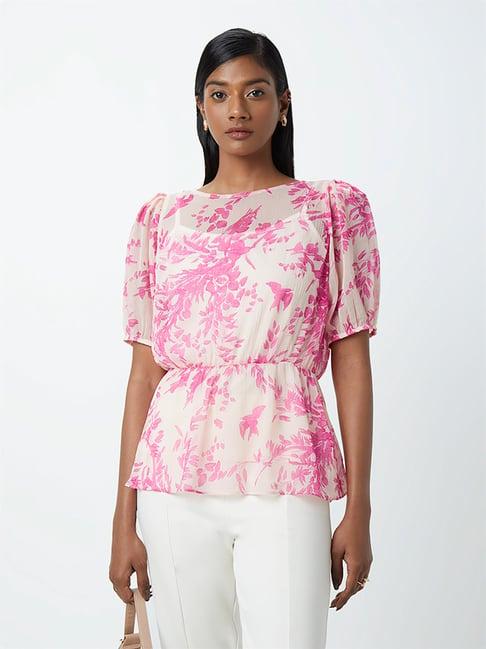 wardrobe by westside ivory floral-print blouse with camisole