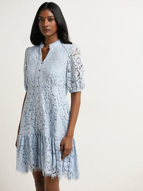 wardrobe by westside light blue lace design a-line dress